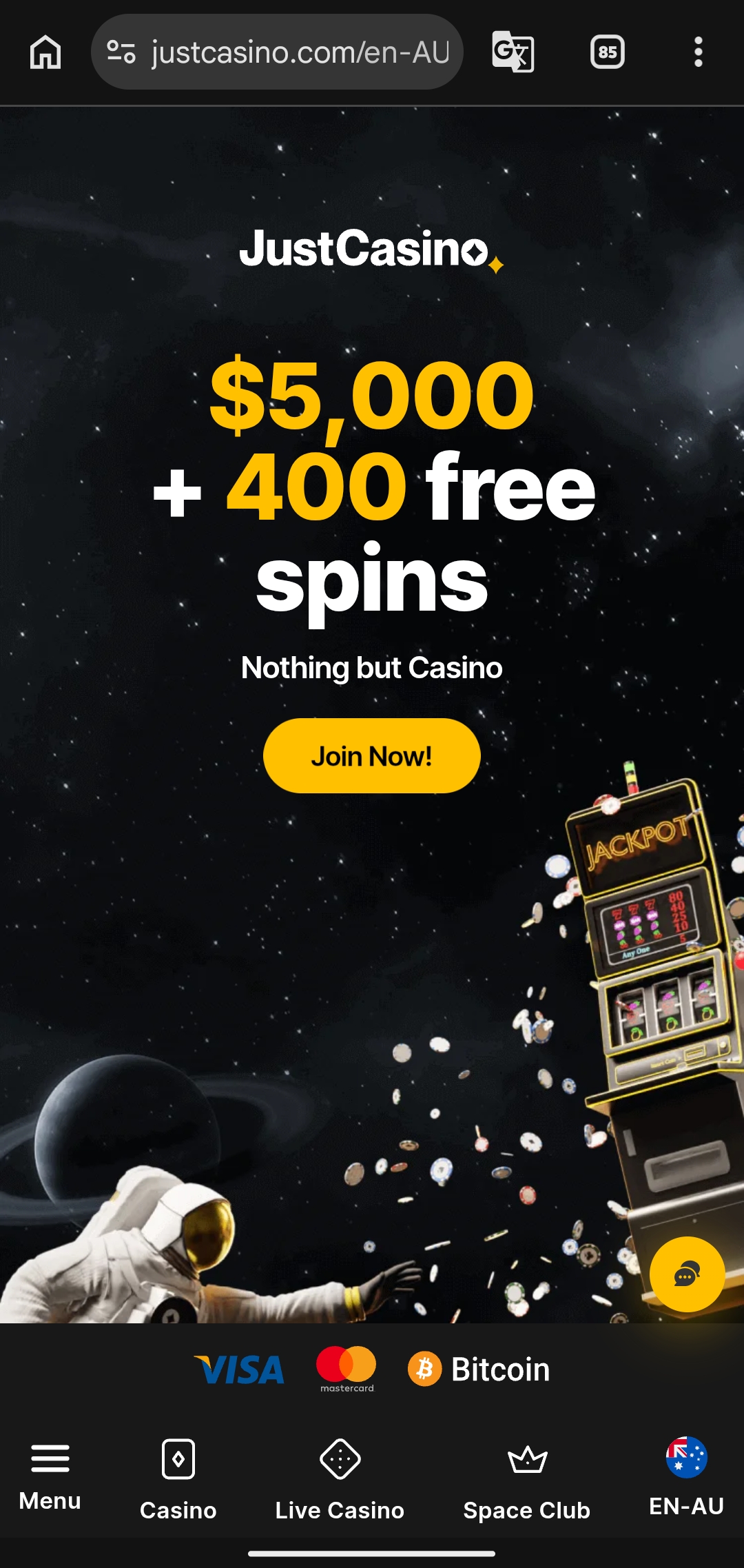 JustCasino Space Theme Mobile